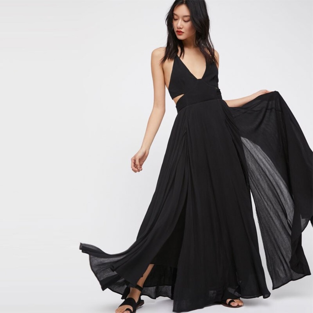 NWT - Free People Bestseller Lille Black Halter Long Maxi Dress (Large - BLACK)